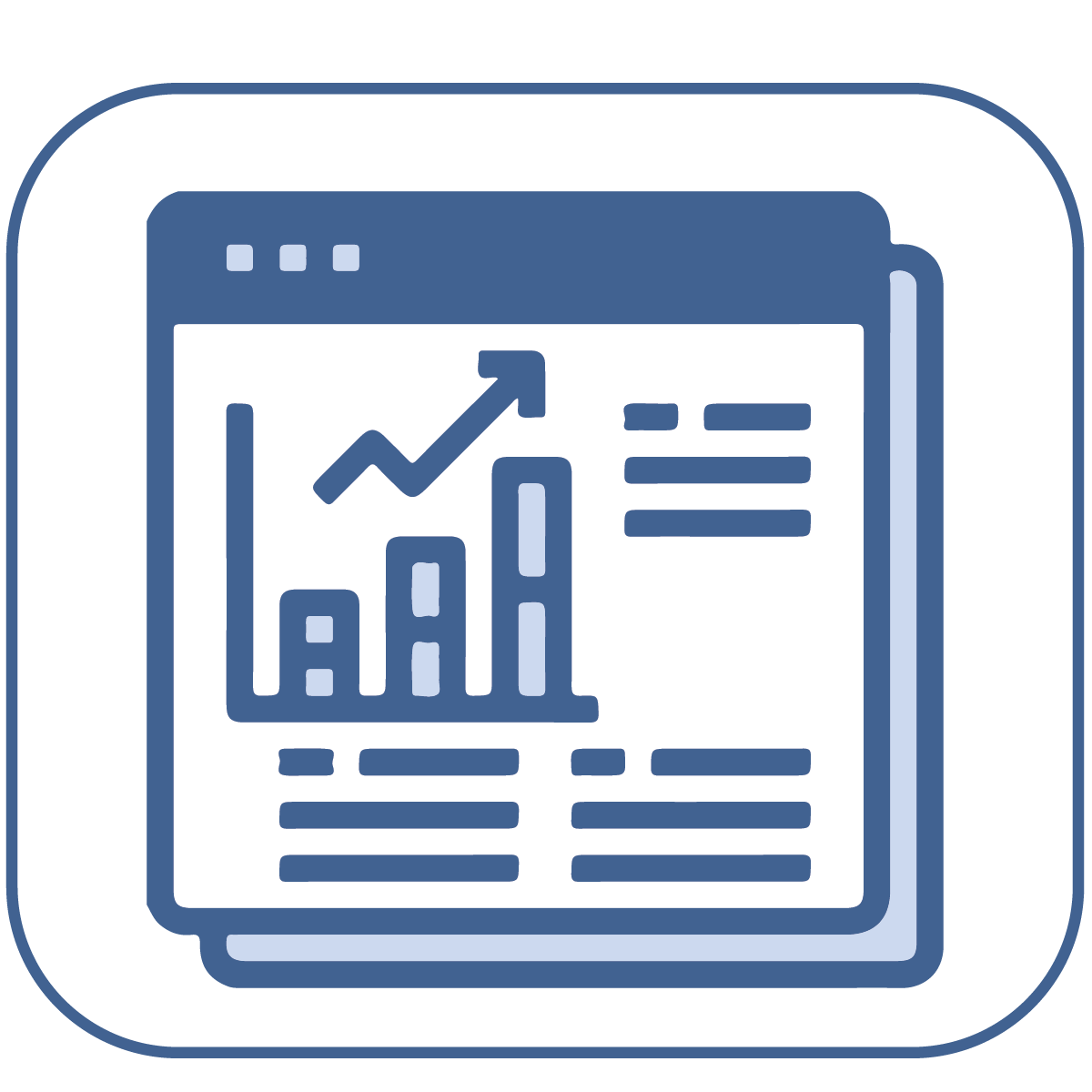 Graphic of a computer screen showing a report with a bar chart and an upward trending line graph.