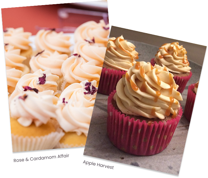 Two cupcakes with swirled frosting, one with white and purple toppings, the other with caramel drizzle, in pink cupcake liners.