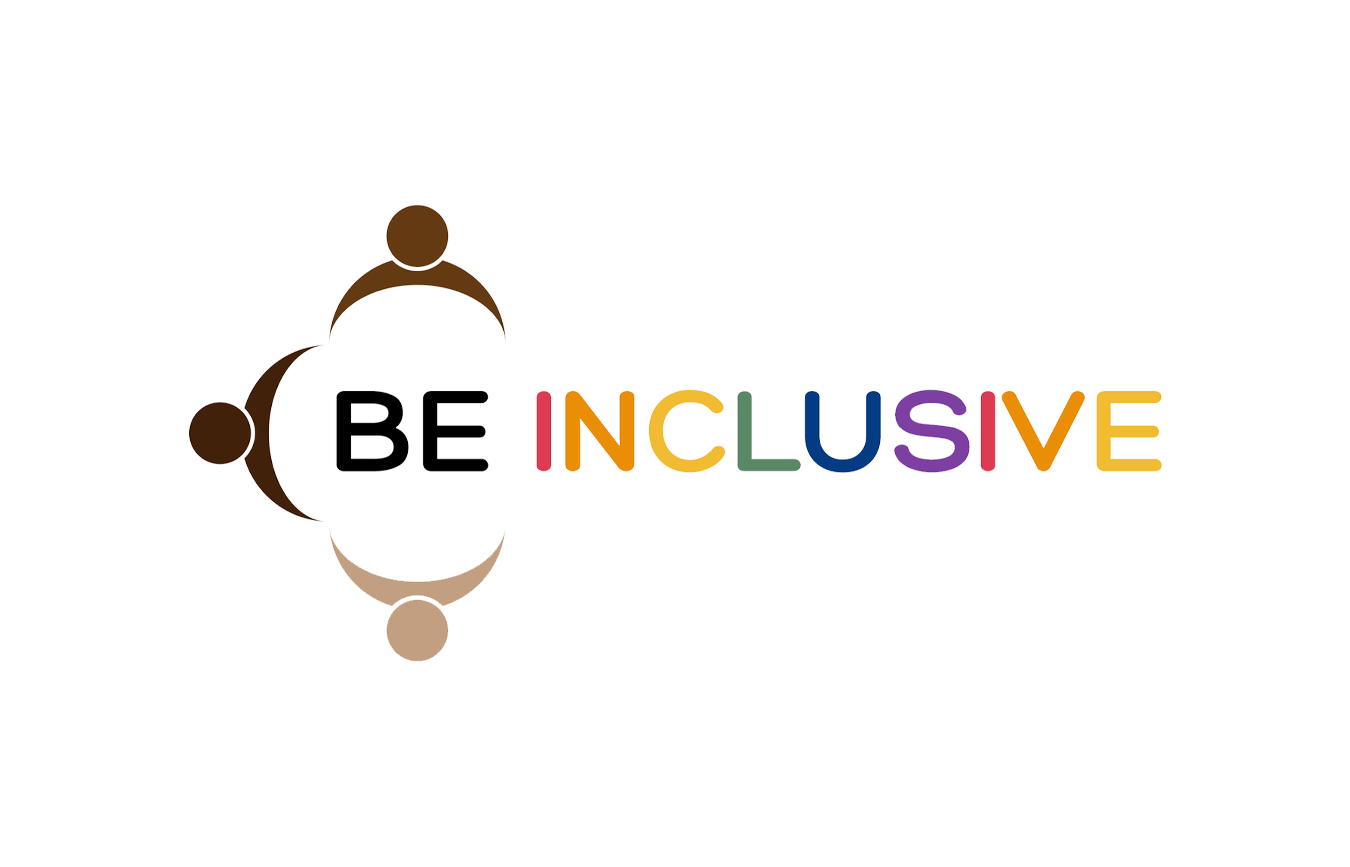 A graphic with the words 'BE INCLUSIVE' in black and rainbow-colored letters, surrounded by brown, beige, and skin-tone circles forming a partial ring around the text.