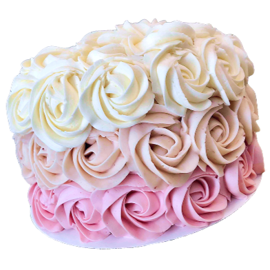 A cake decorated with buttercream roses in white, cream, beige, and pink.