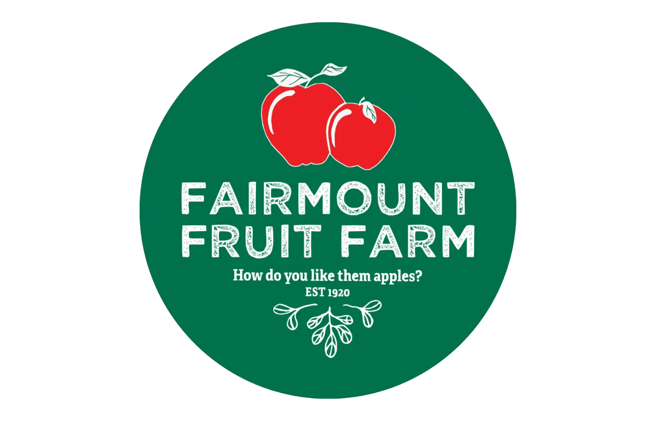 Logo of Fairmount Fruit Farm featuring two red apples, green background, and text advertising apples, established 1920.