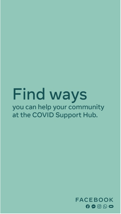 Green poster encouraging community support at COVID Support Hub with Facebook and social media icons.