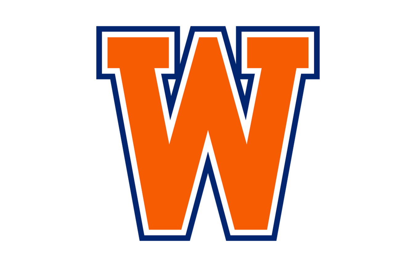 Large orange letter W with a white and navy blue outline on a black background.