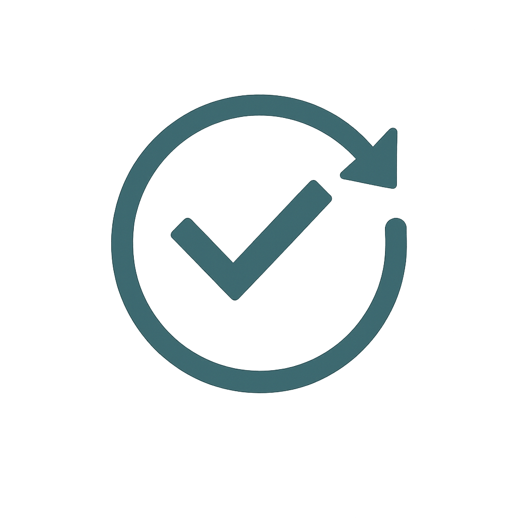 A clock with a check mark inside and an arrow wrapping around, symbolizing time management or scheduling.