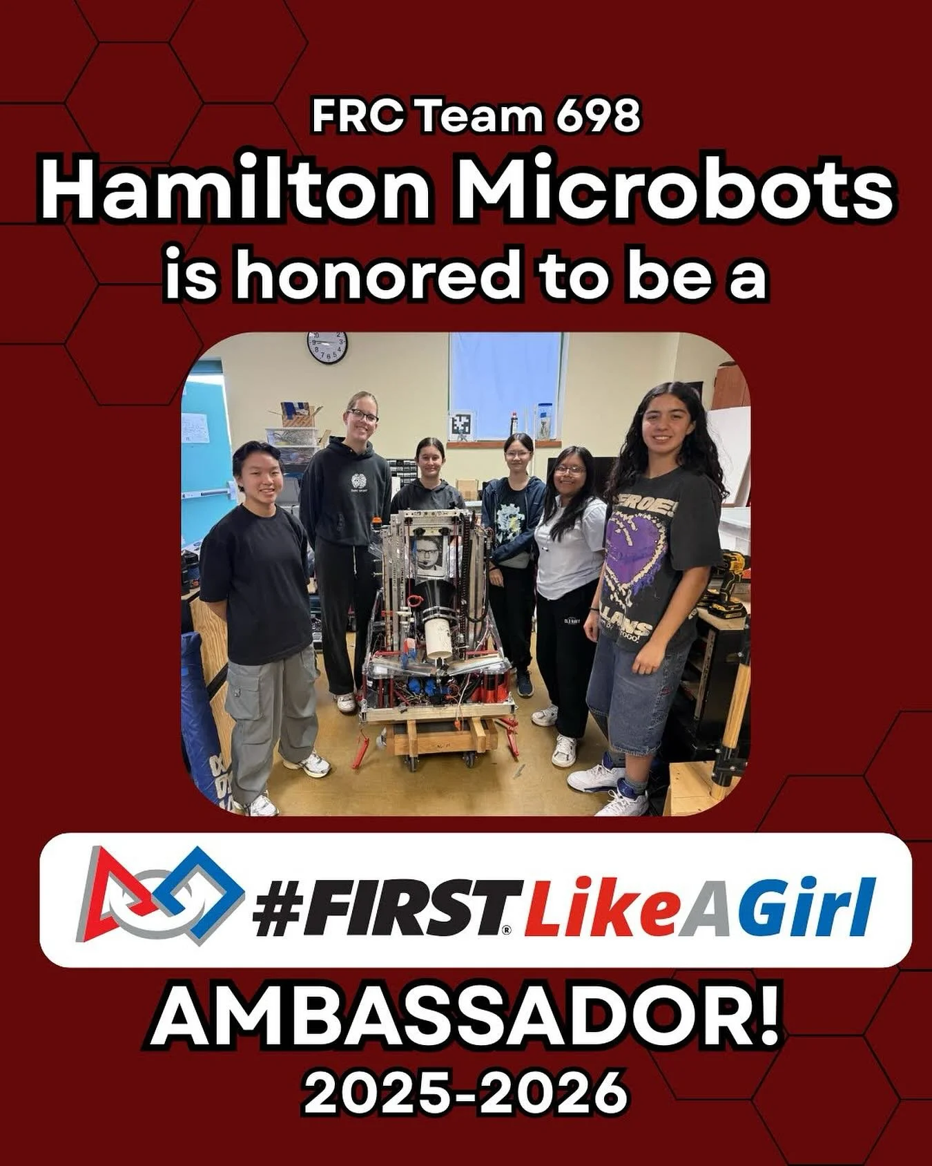 🚀🤖 Big News from Hamilton Microbots 698! ❤️

We are proud to announce that Hamilton Microbots, FRC Team 698, has been selected as a #FIRSTLikeAGirl Ambassador for the 2025-2026 season! 🌟

As ambassadors, we are excited to continue promoting divers