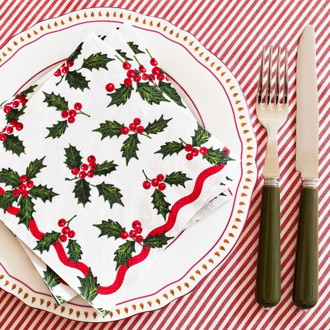 Holly Christmas Paper Napkins | Recycled Festive Tableware | Holiday Entertaining