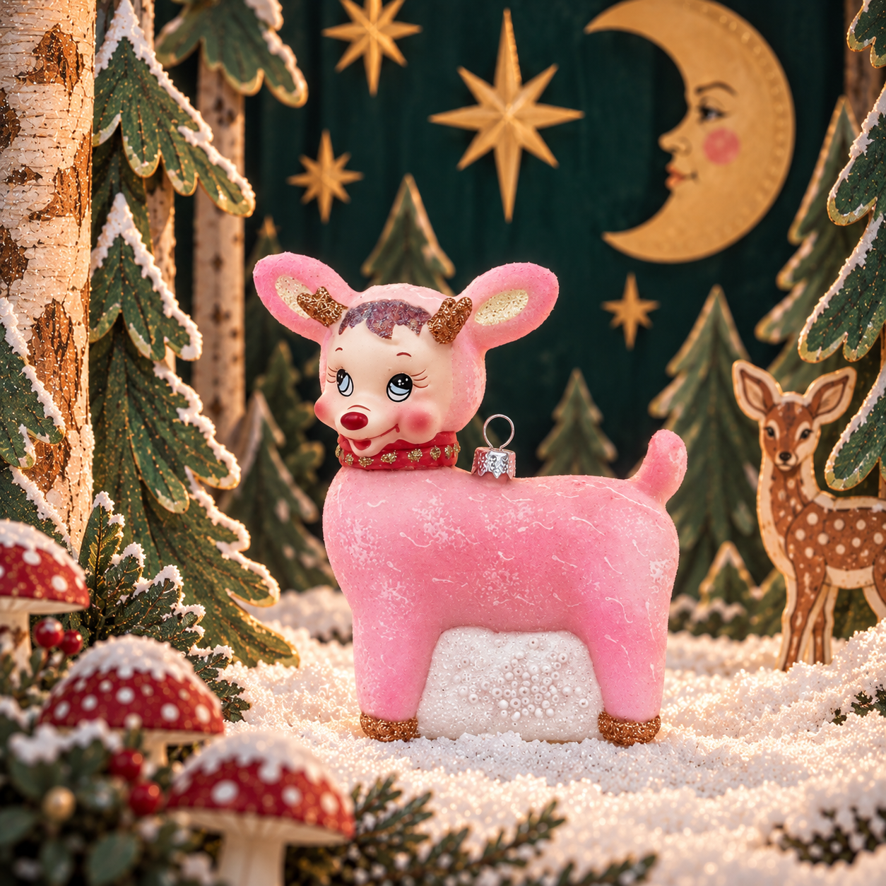 Quirky Pink Reindeer Flocked Glass Ornament