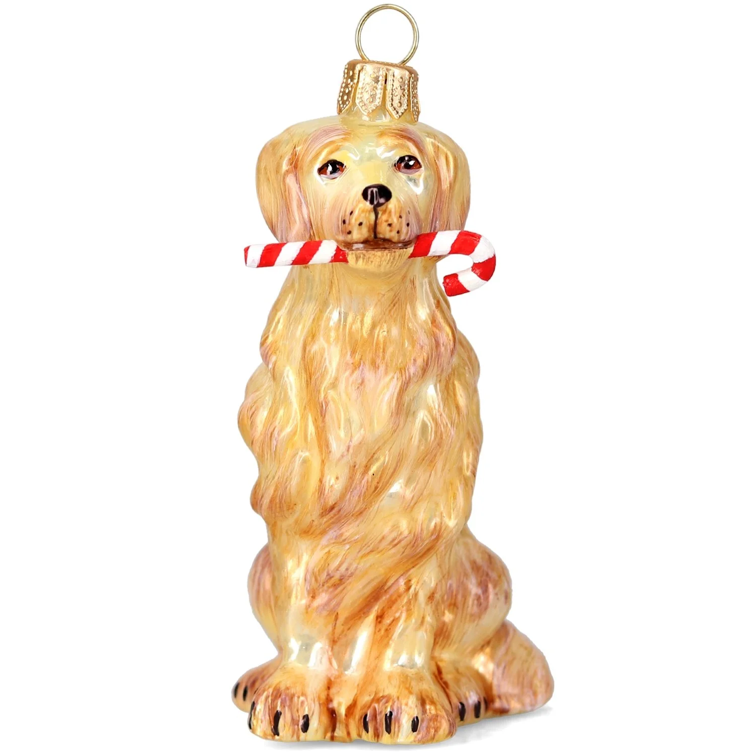 Golden Retriever with Candy Cane Glass Ornament