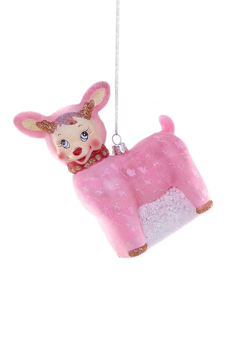 Quirky Pink Reindeer Glass Ornament