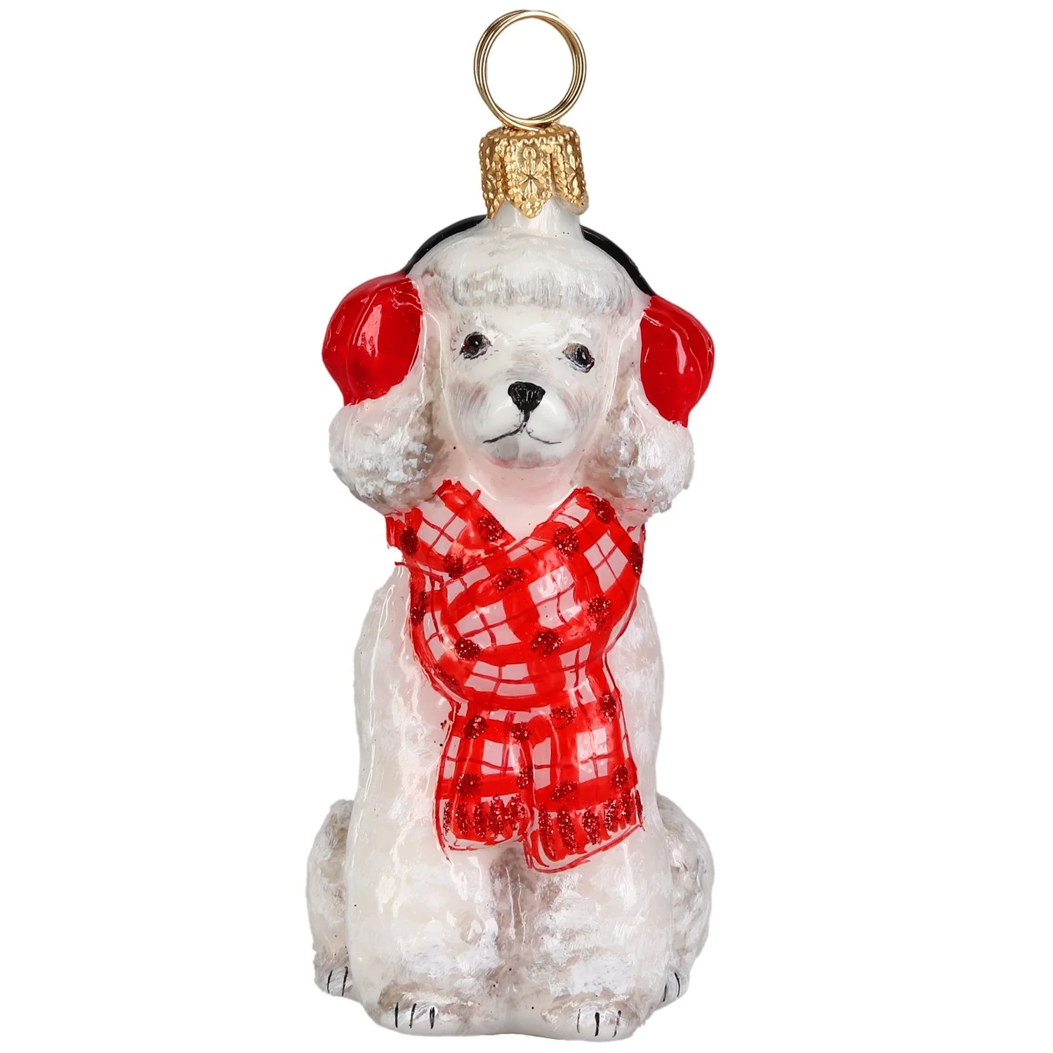 Poodle in Holiday Scarf and Ear Muffs Glass Ornament