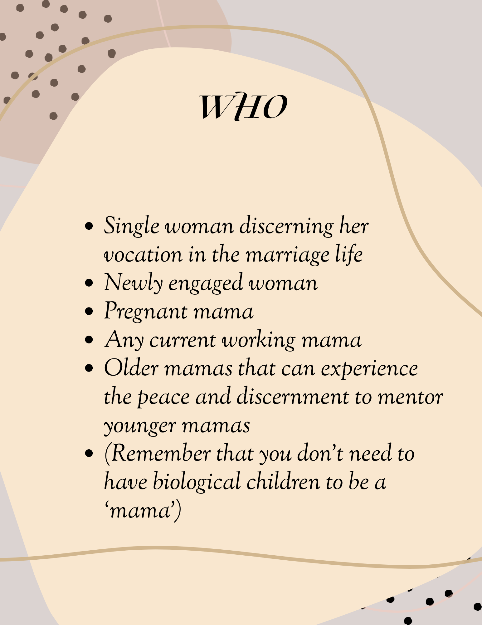 Decorative graphic with text describing different types of moms, including single women, newly engaged women, pregnant women, working moms, and older moms, with abstract shapes in beige, gray, and black dotted patterns.