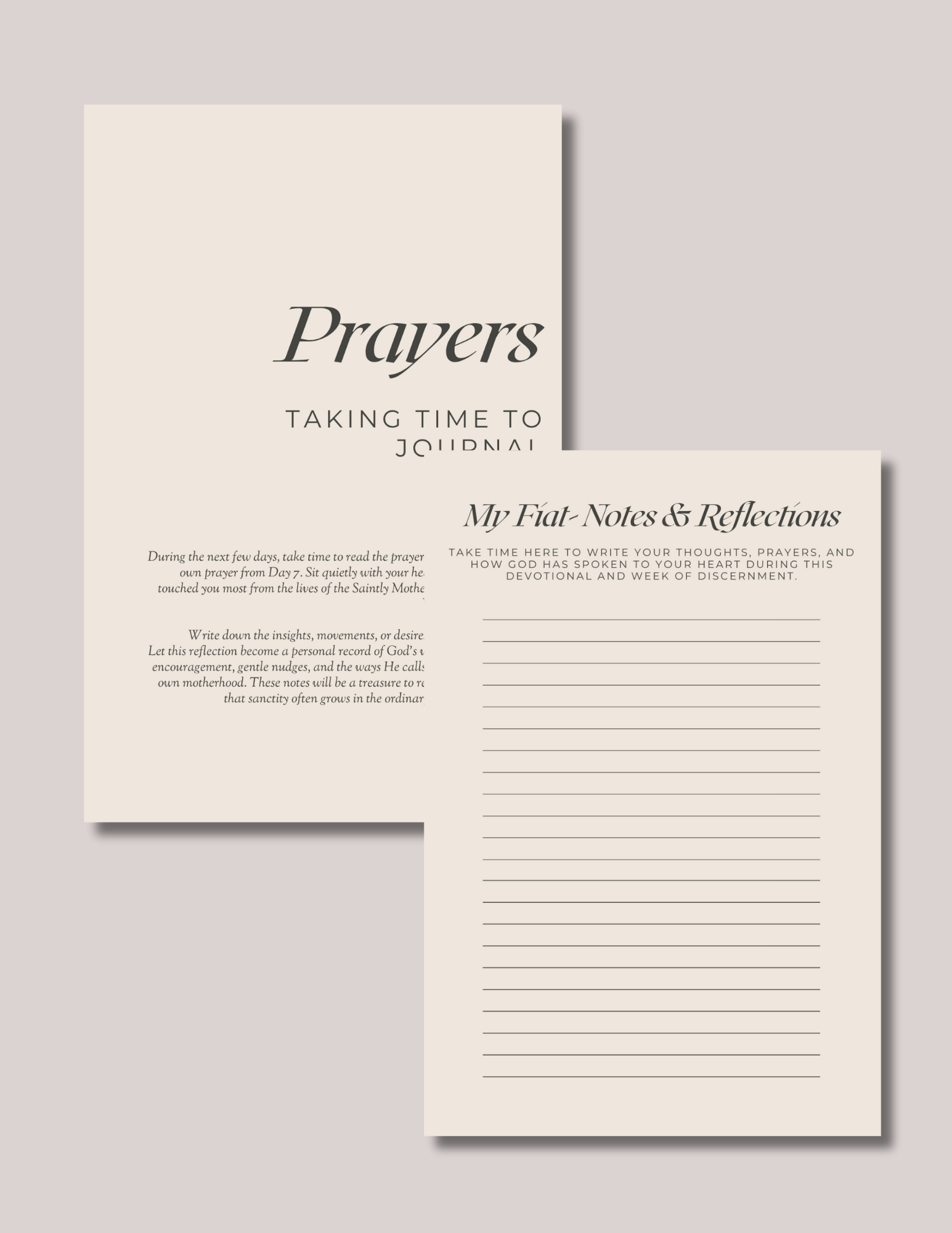 Two prayer journal pages with the titles "Prayers" and "My Faith Notes & Reflections," featuring lines for writing prayers and reflections, and decorative text about prayer and reflection.