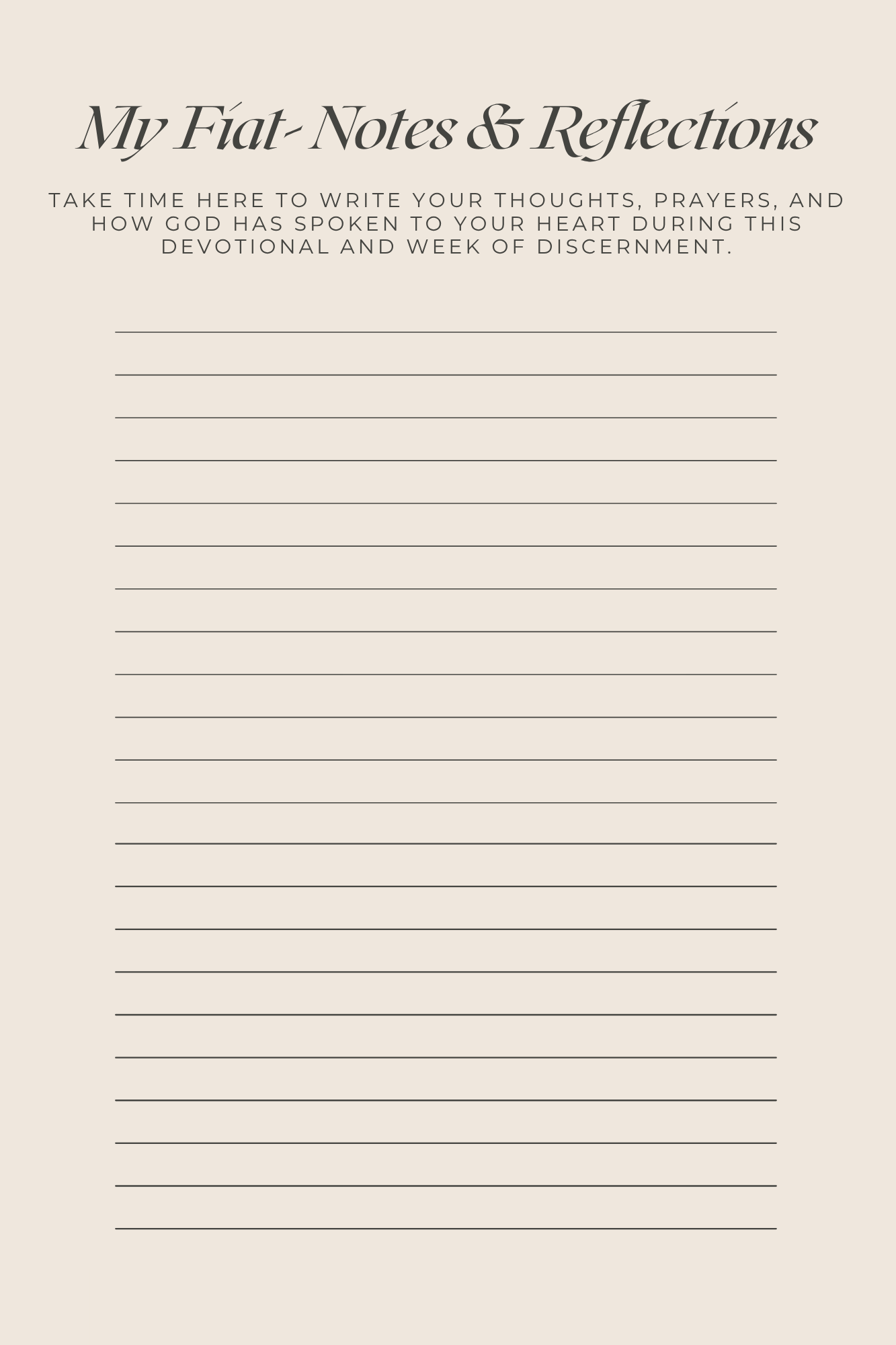 A devotional journal titled "My Fiat Notes & Reflections" with space for writing thoughts, prayers, and reflections during a week of discernment.