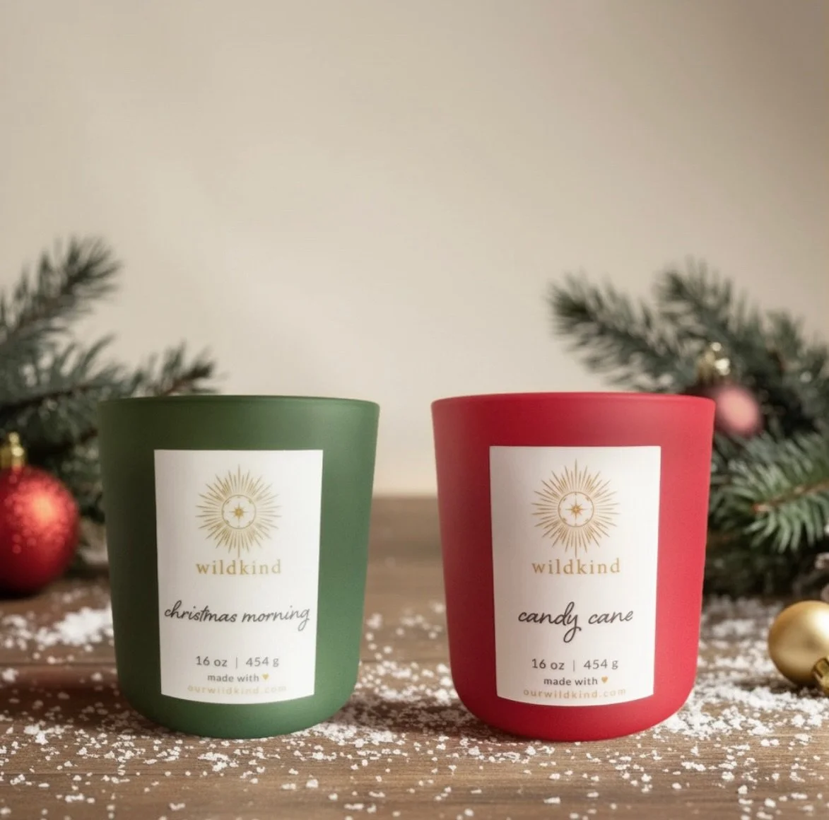 New Release!
Limited Edition 16oz Holiday candles in two seasonal scents and colors:

Christmas Morning {Balsam Fir Needle} &mdash; poured in matte deep evergreen.
&amp;
Candy Cane {Peppermint} &mdash; poured in matte crimson red.

Each candle is han