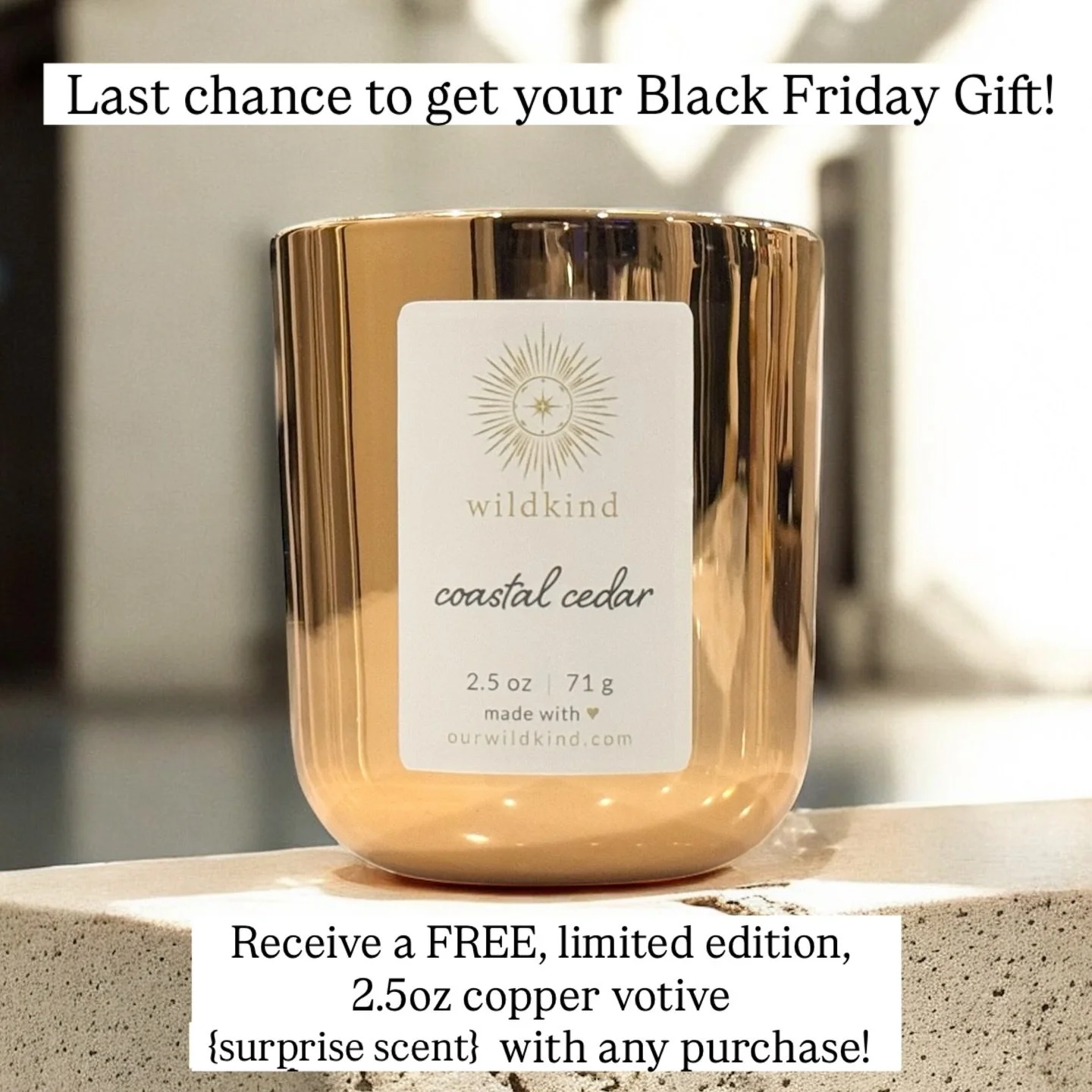 Get in on the glow! Purchase any wildkind candle and get a FREE limited edition copper vessel {surprise scent}! Offer valid through today or while supplies last.
