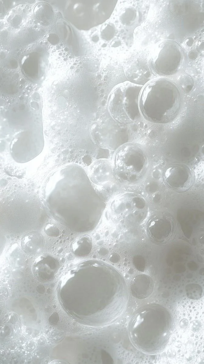 Close-up of white and transparent soap bubbles in foam.