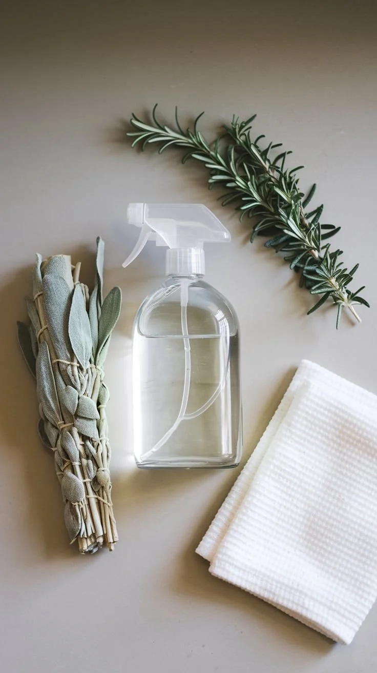 A spray bottle filled with water, some fresh herbs such as rosemary, a bundle of dried lavender, and a folded white cloth, all arranged on a plain surface.