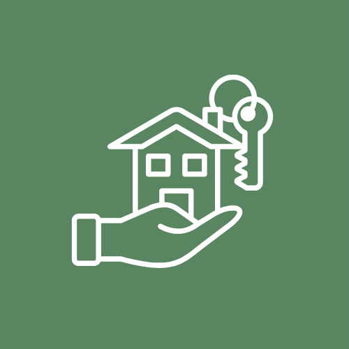 Outline of a hand holding a house with a key and lock above it, on a green background.