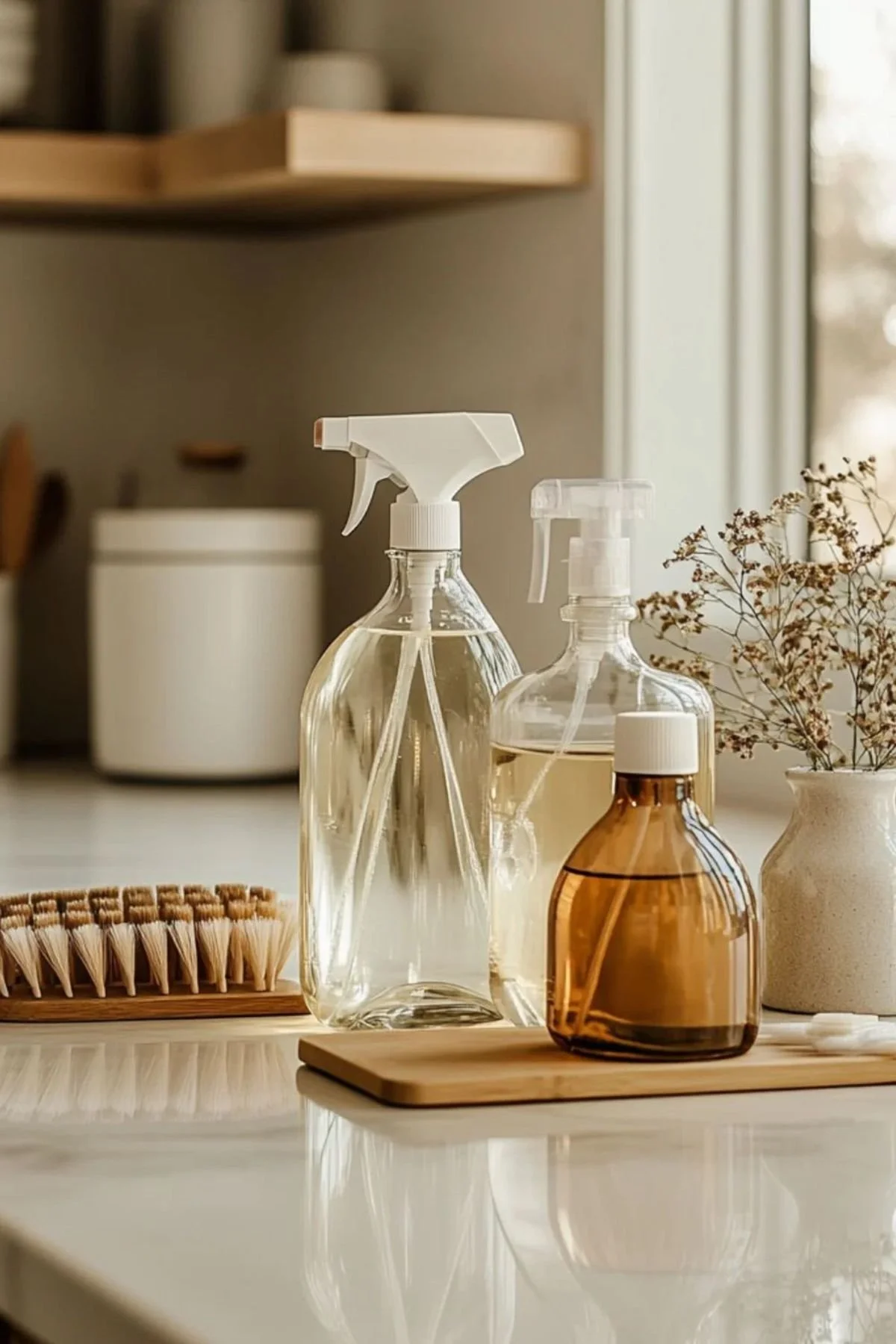A collection of spray bottles and a small brown bottle on a wooden tray, with a potted plant and a dry brush nearby, in a well-lit room with a window in the background.