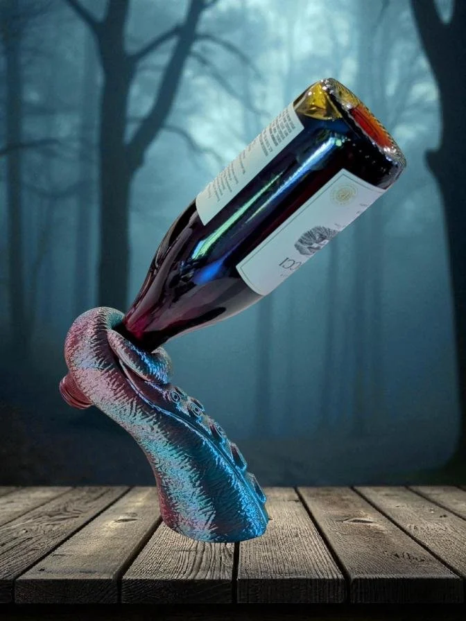 a 3d printed dual color wine bottle holder, shaped like one of Cthulhu's tentacles