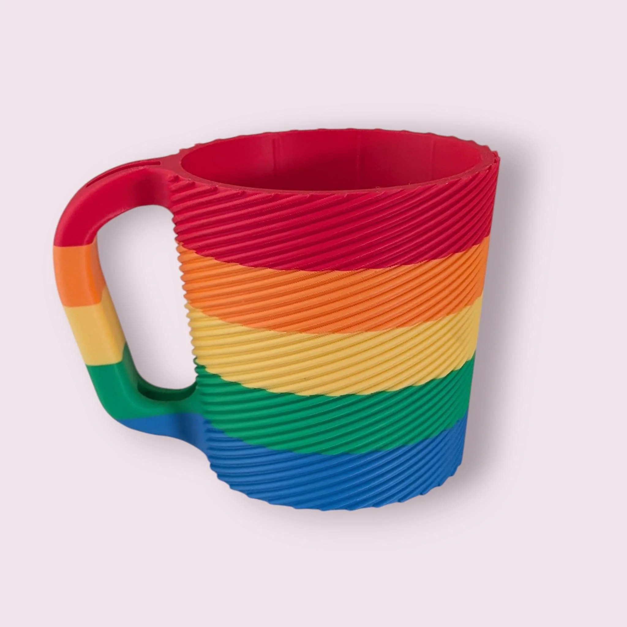 a 3d printed ice cream pint holder. colored to resemble a rainbow