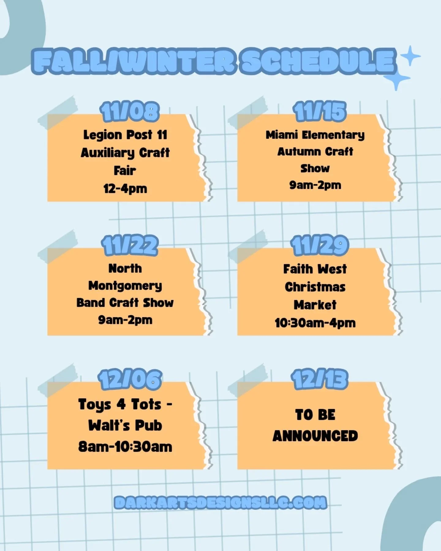 Our current schedule for November and December! We are BUSY~ but don't hesitate to reach out for custom orders or questions. Tis the season! We've got a lot of amazing and fun things that will make great gifts and stocking stuffers!

#shoplocal #shop