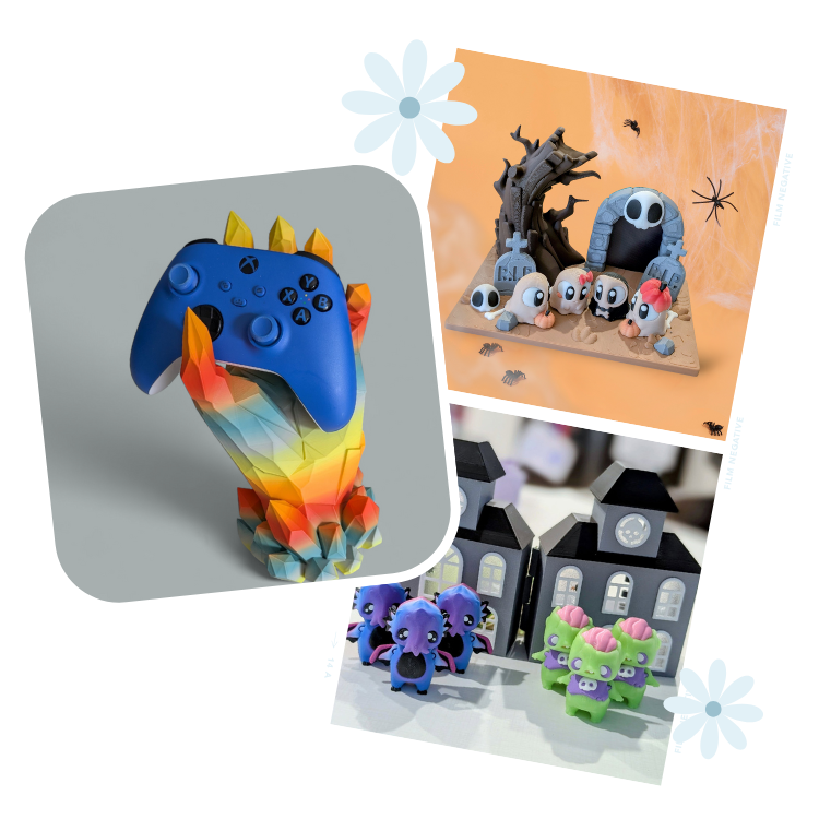 A collection of figures including a colorful Geode-inspired Xbox controller stand, a haunted house backdrop with small Cthulhu and zombie figures in a haunted house scene, and a set of spooky ghosts with a graveyard playset .
