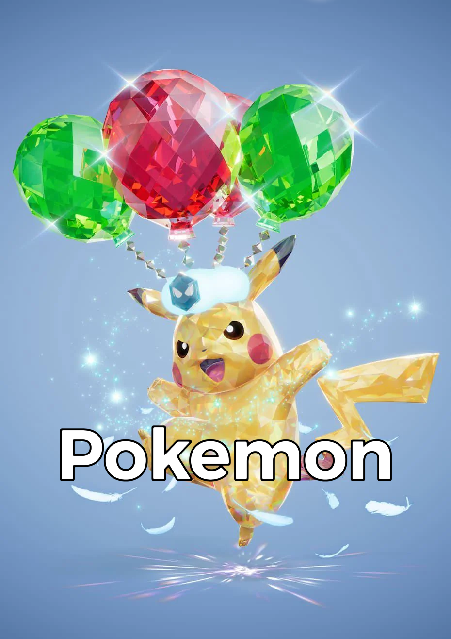 A digital illustration of Pikachu from Pokémon, rendered in a sparkling, gem-like style, holding three sparkling gem balloons against a blue background with floating feathers and sparkles. The word 'Pokémon' is displayed at the bottom. Pokemon Cards.