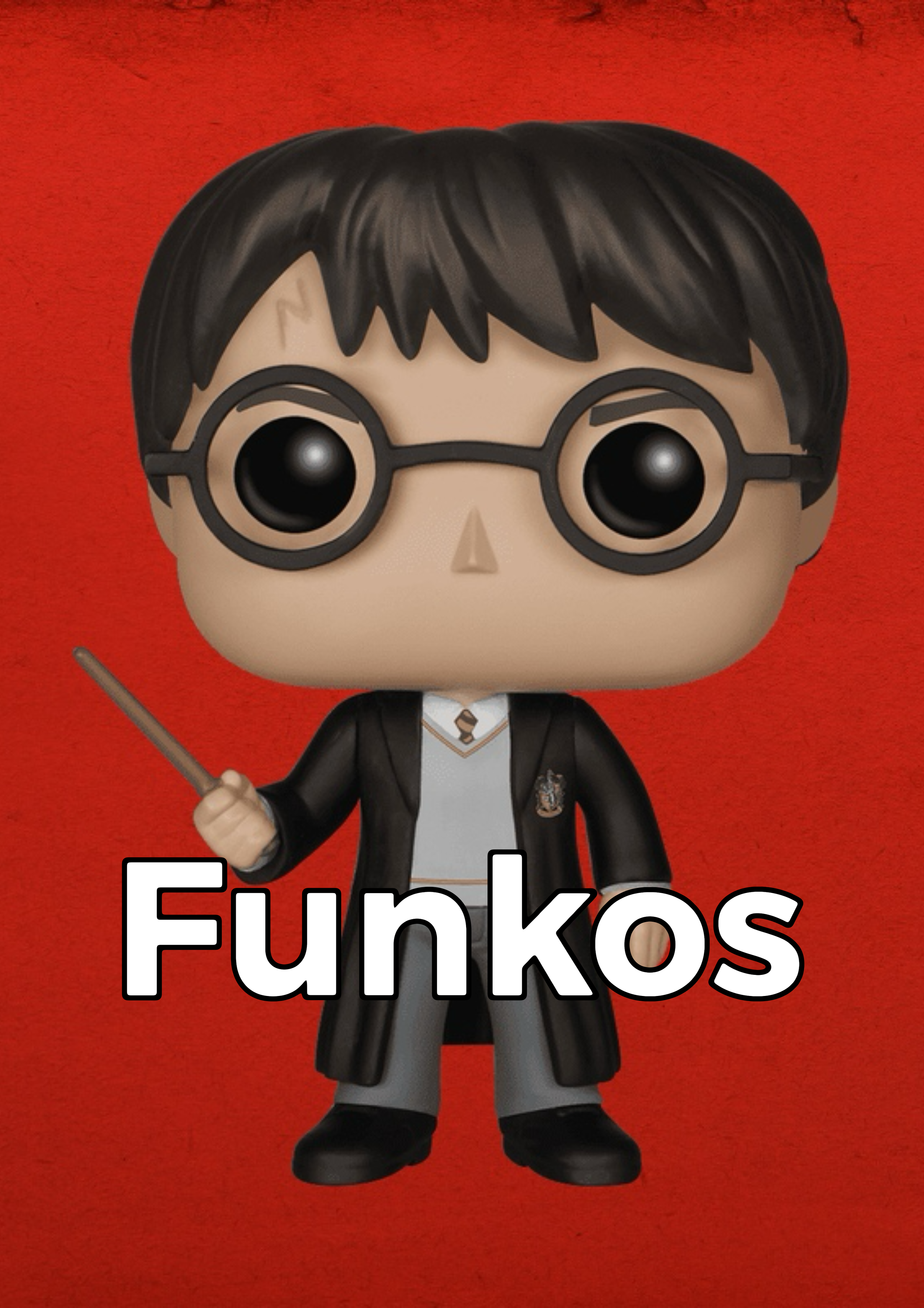 Harry Potter Funko Pop figurine holding a wand, wearing glasses, a school uniform, and a black robe with the Hogwarts crest, set against a red background.