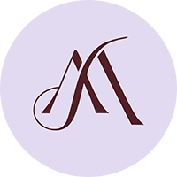 A stylized logo with overlapping brown and beige abstract shapes resembling the letter 'MEF' on a light purple circular background.