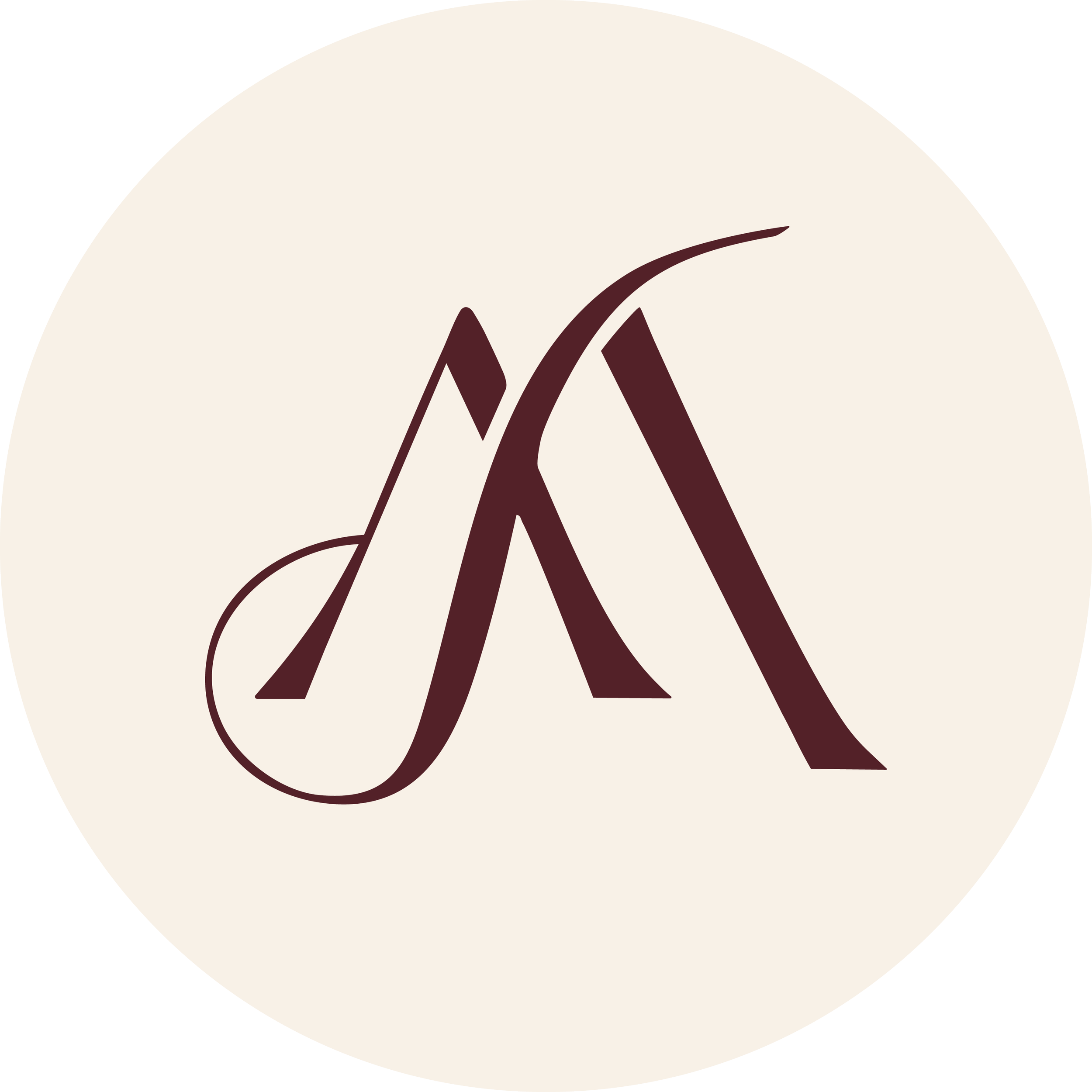Stylized logo with a script and block font, featuring an 'A' and 'M' in dark red, on a cream circular background.