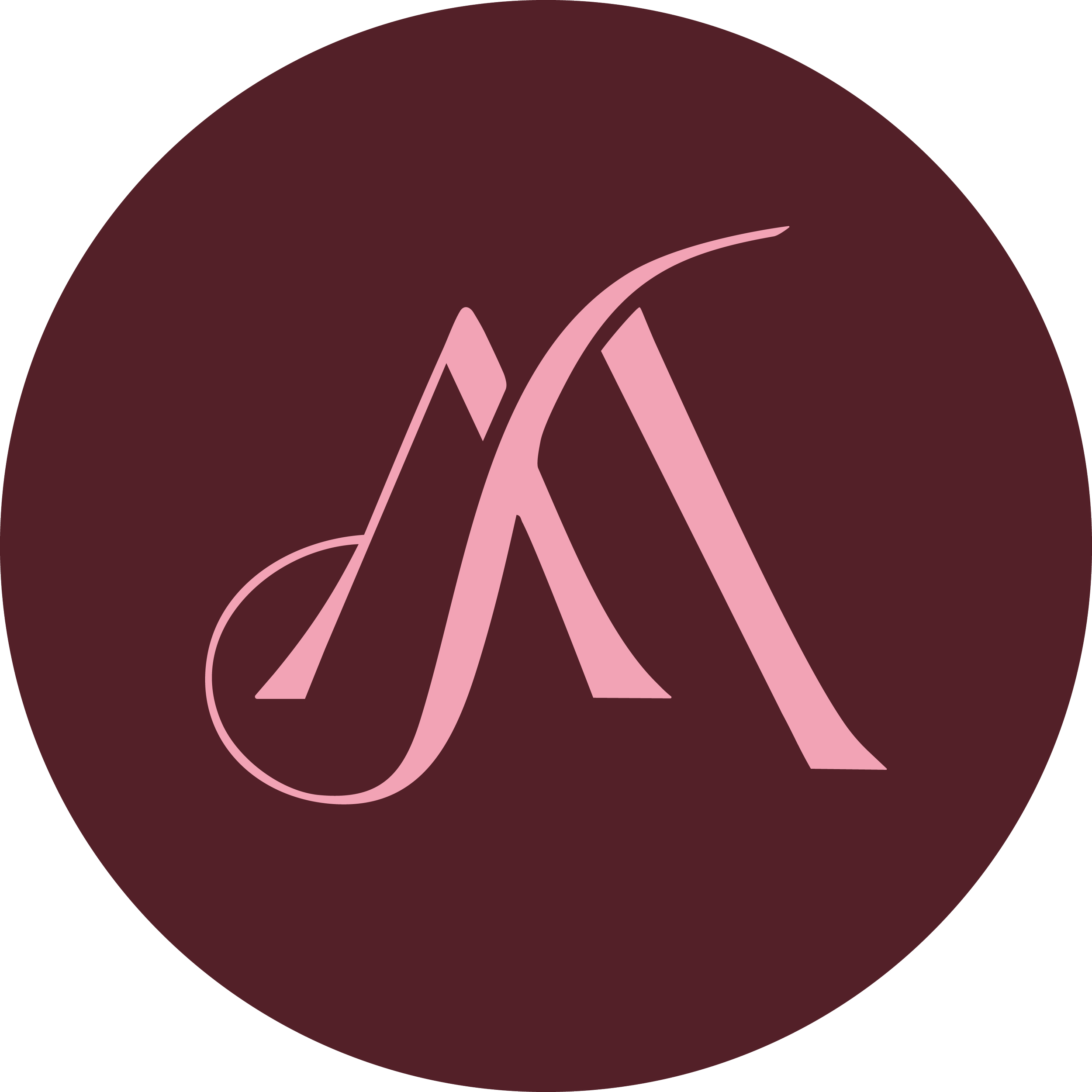 Stylized pink initials 'J' and 'A' intertwined on a dark red circular background.