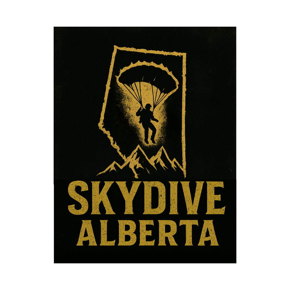 A logo for Skydive Alberta with a silhouette of a skydiver descending with a parachute above an outline of the province of Alberta and mountains.