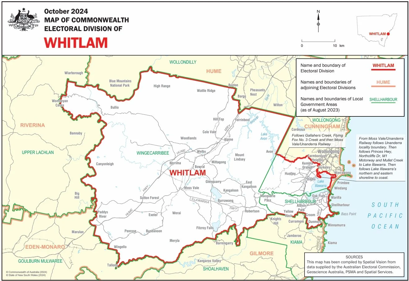 Map of the Commonwealth Electoral Division of Whitlam in New South Wales, illustrating boundaries, local government areas, and notable geographic features.