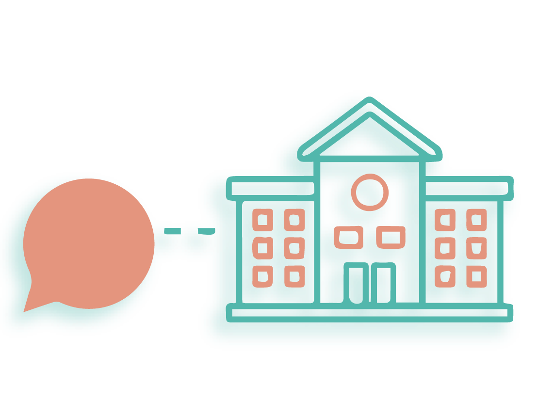 رسم توضيحي لمبنى مدرسة مع أيقونة فقاعة كلام متصلة به.