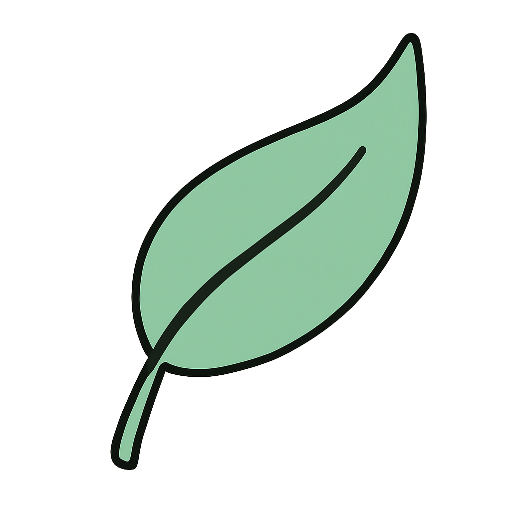 A simple, cartoon-style illustration of a green leaf with dark outlines.