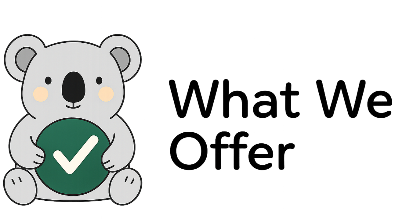 Cute cartoon koala holding a green circle with a white check mark