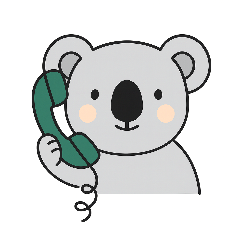 Cute cartoon koala holding a green telephone receiver.