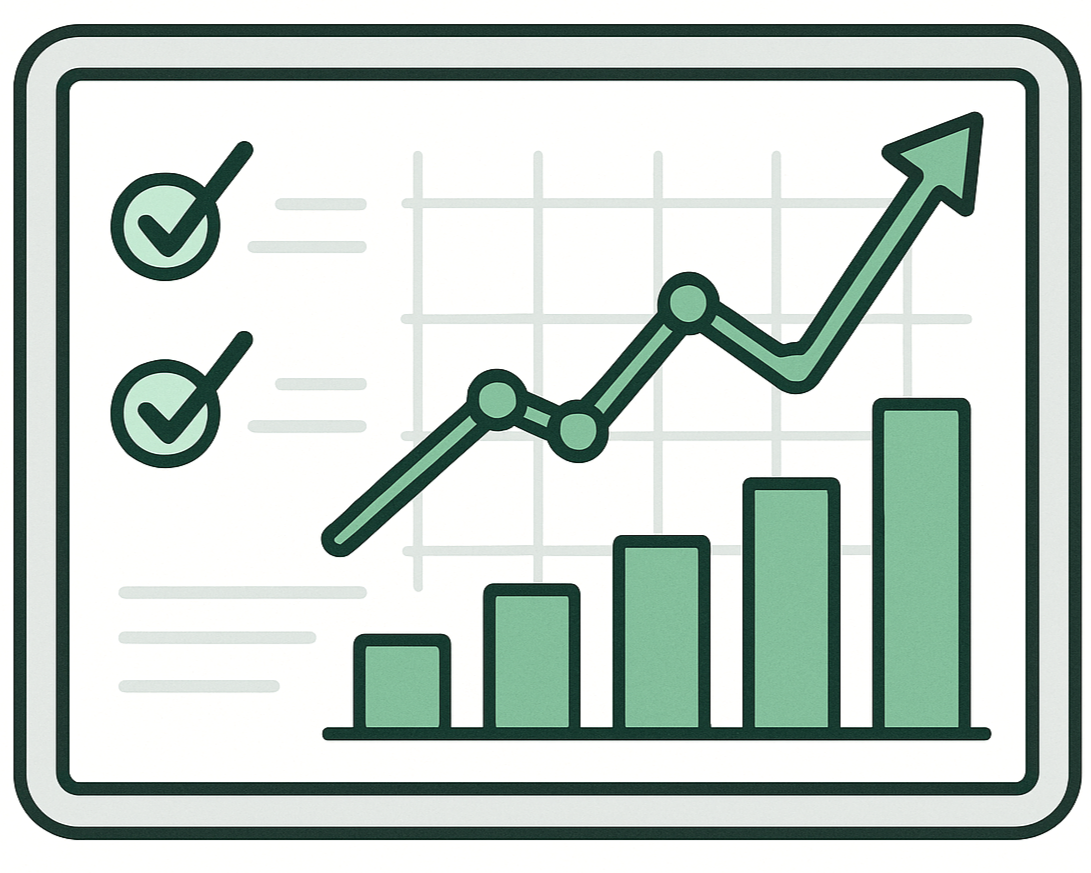 A digital illustration of a chart showing upward trends, with bars increasing from left to right and a line graph overlaid pointing upward, accompanied by check marks.
