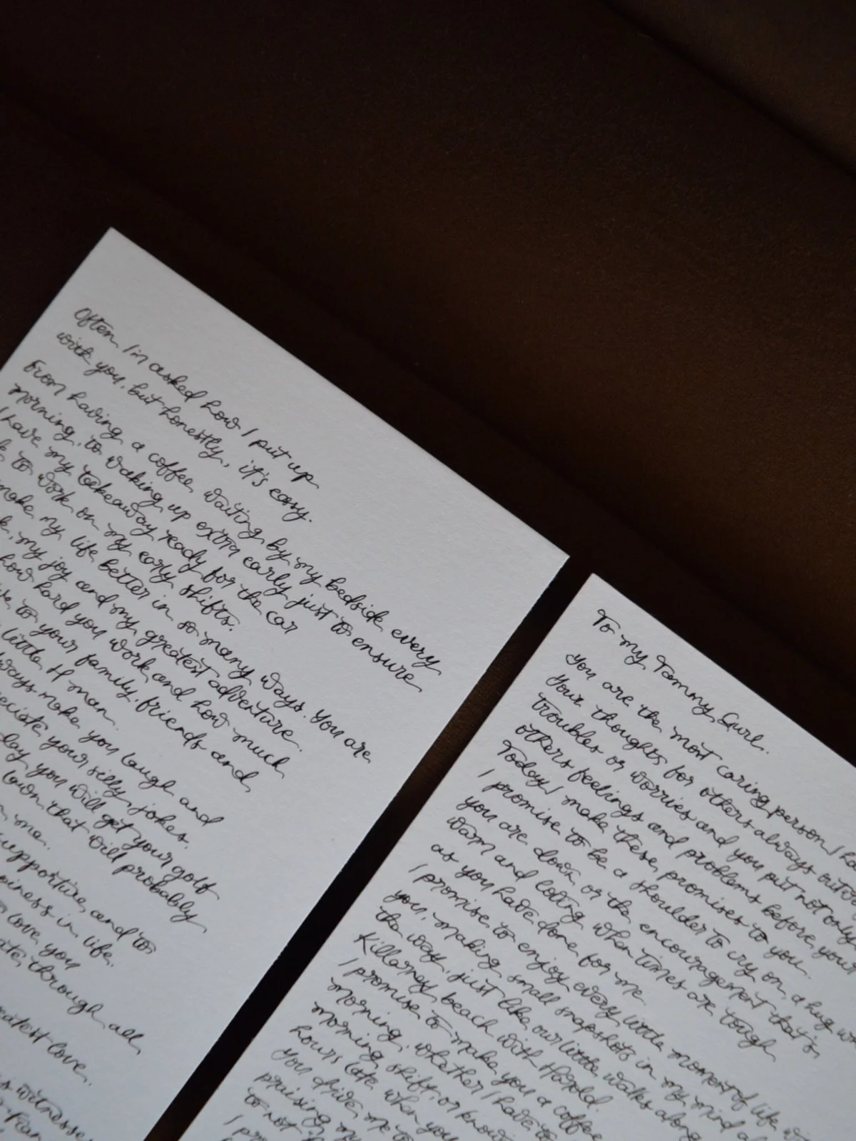 Our Handwritten Wedding Vows preserves your vows exactly as they were spoken, thoughtfully handwritten in our signature personal, modern calligraphy style. Written in black or red ink, these sets are intended for art or to be gifted as traditional ke