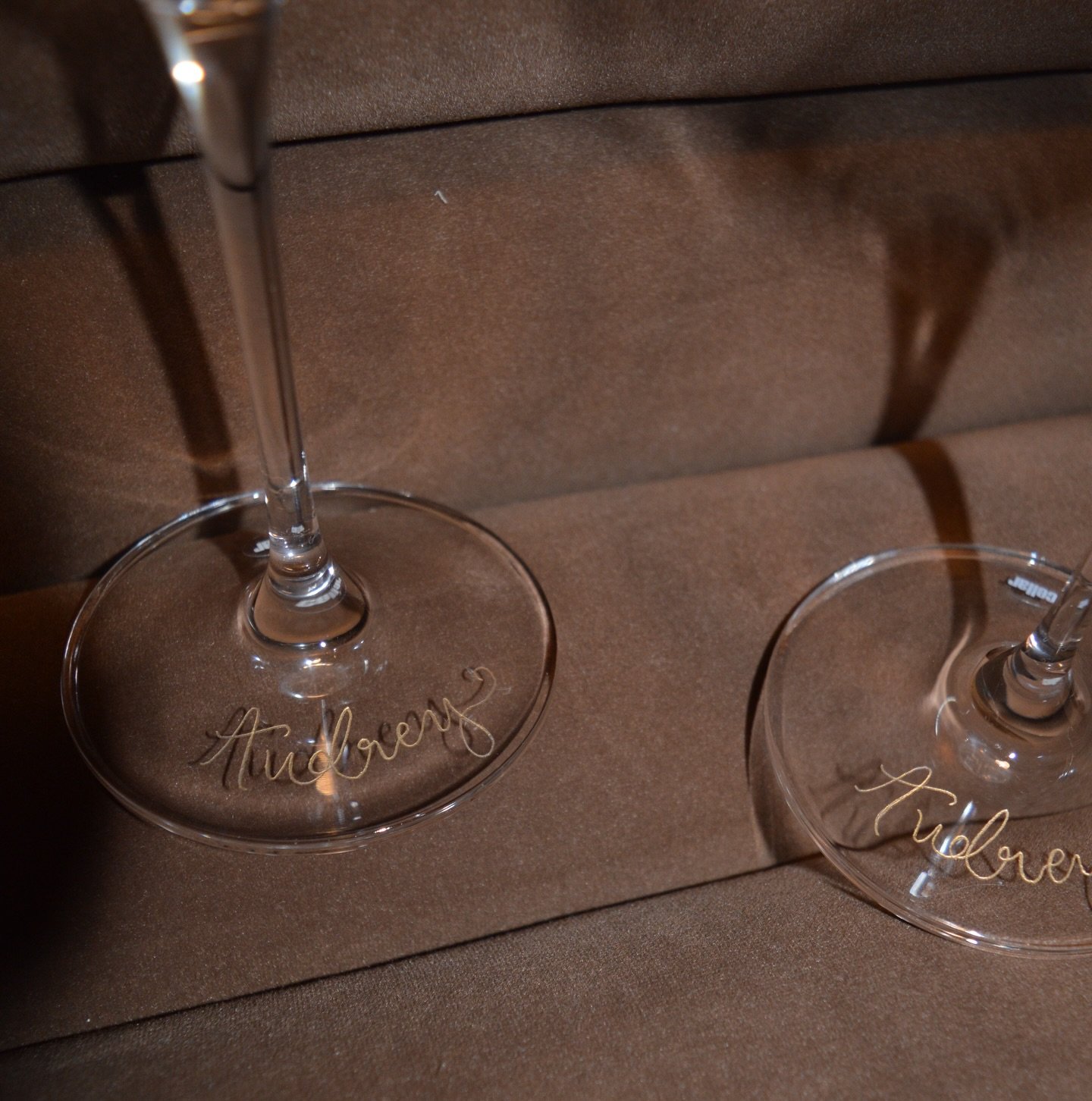 A set of personalised cocktail classes for Audrey&rsquo;s 18th! Just like perfume bottles, I can engrave on glassware you provide - just email or DM to arrange an order x