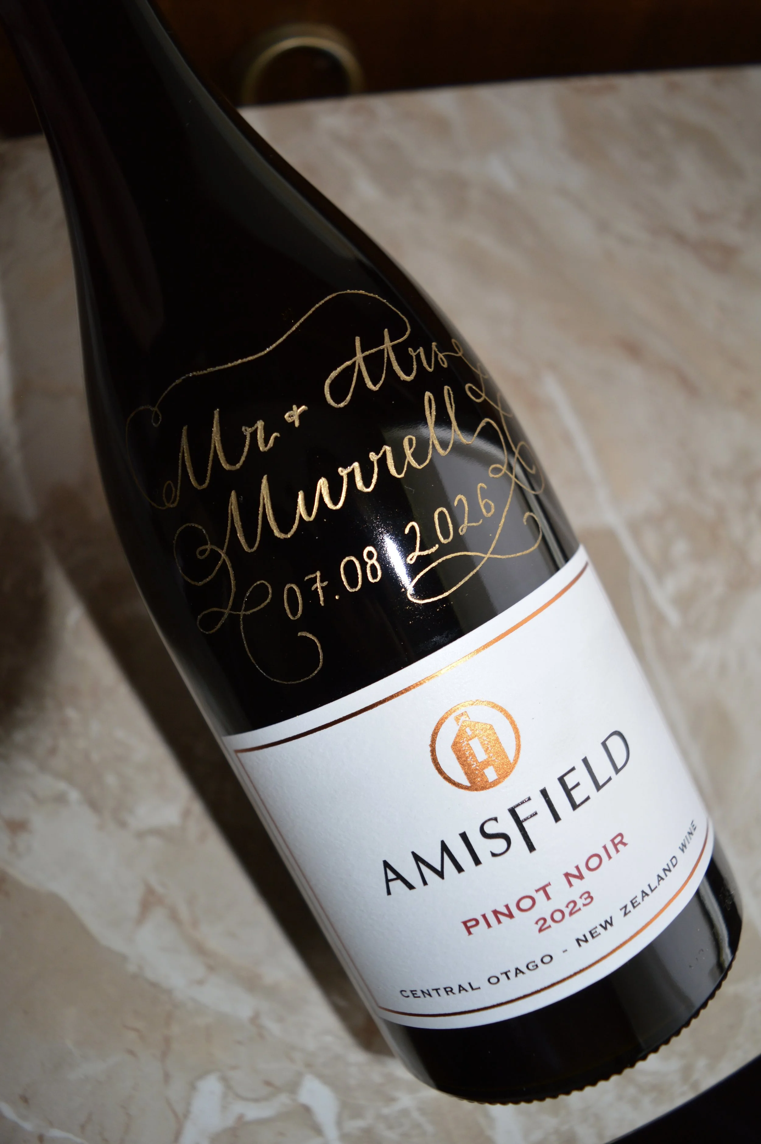 Engraved personalised wine bottle, wedding gift