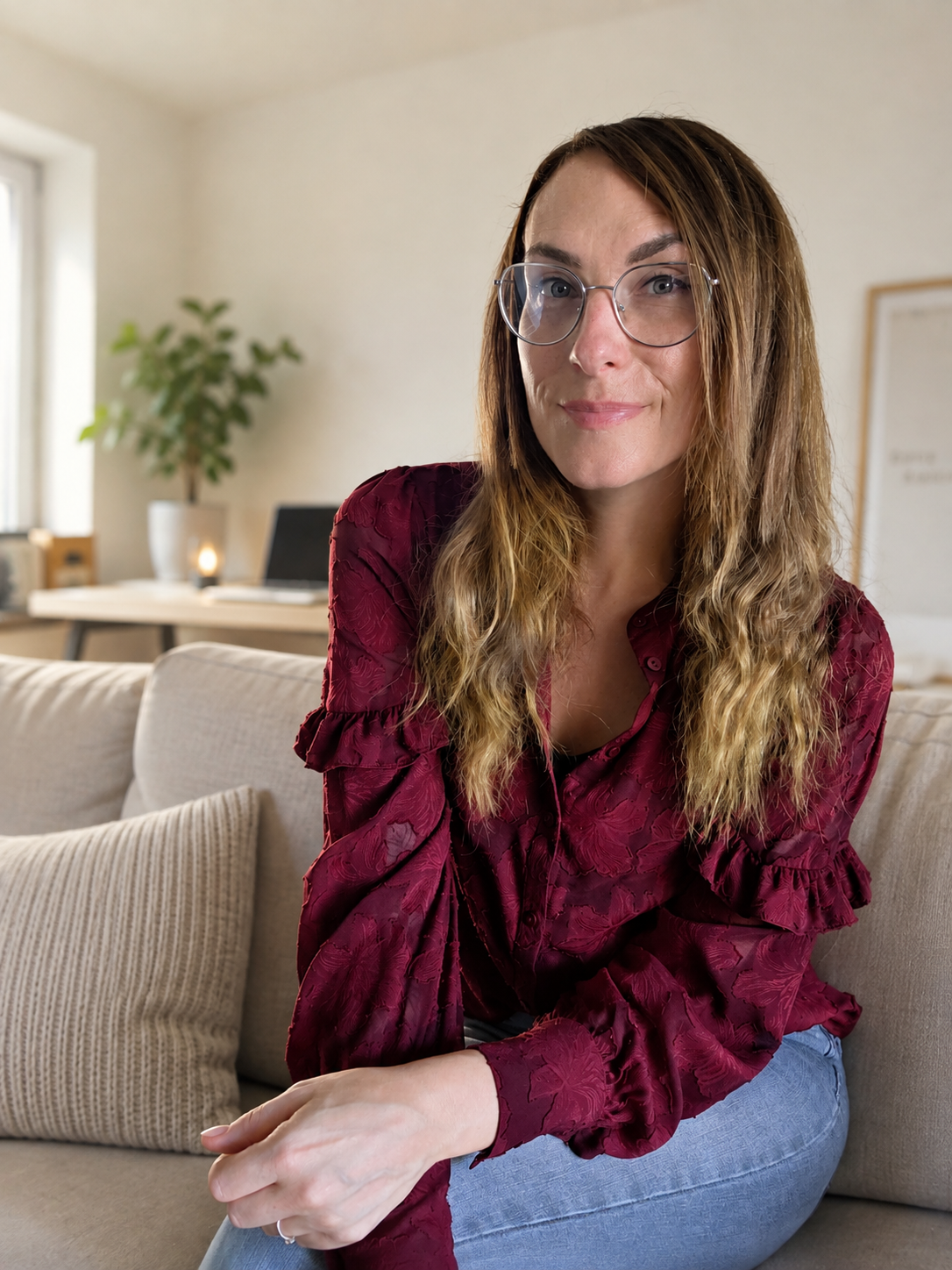 A woman with long, wavy, light brown hair and glasses sitting on a beige couch in a bright room, wearing a red blouse with ruffled sleeves. Home office, virtual assistant, administration