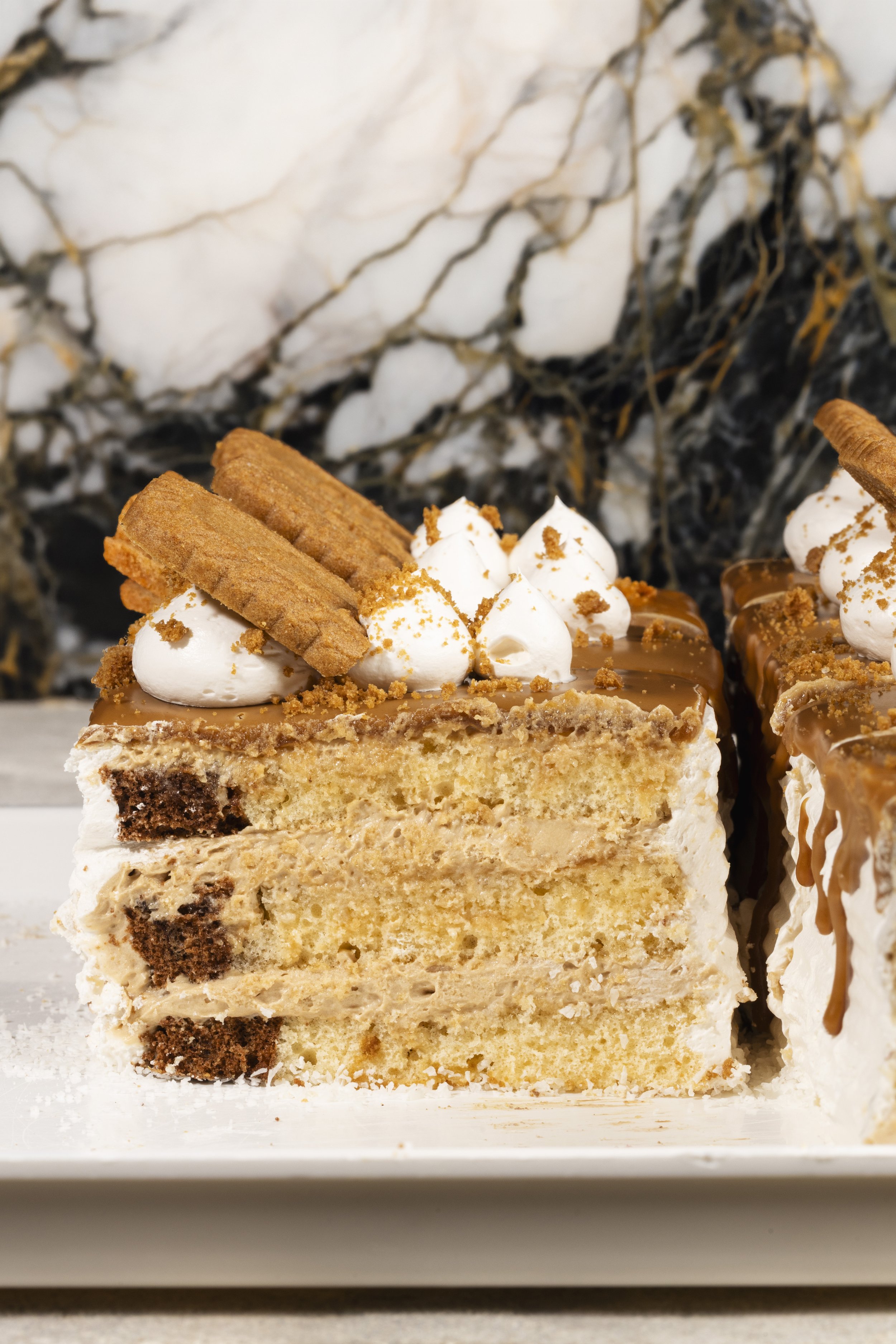 A slice of layered cookies and cream cheesecake with whipped cream, cookie pieces, and caramel drizzle on top