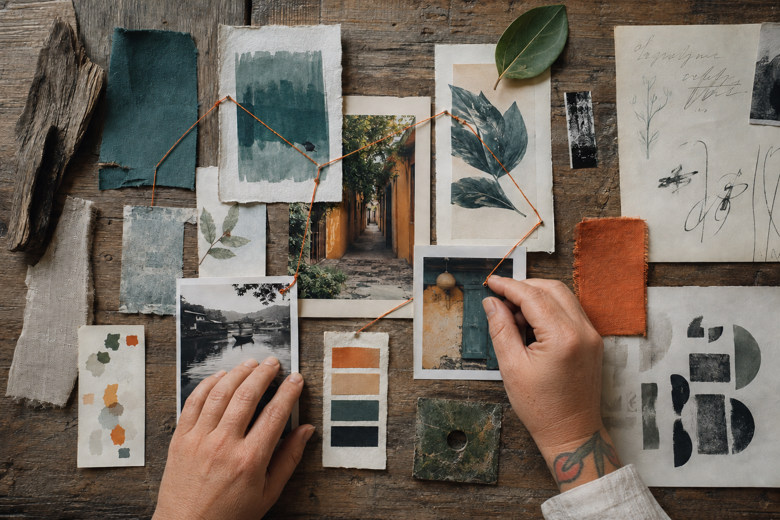 Overhead view of hands connecting brand photographs, colour swatches and natural textures with orange thread on a rustic wooden table.
