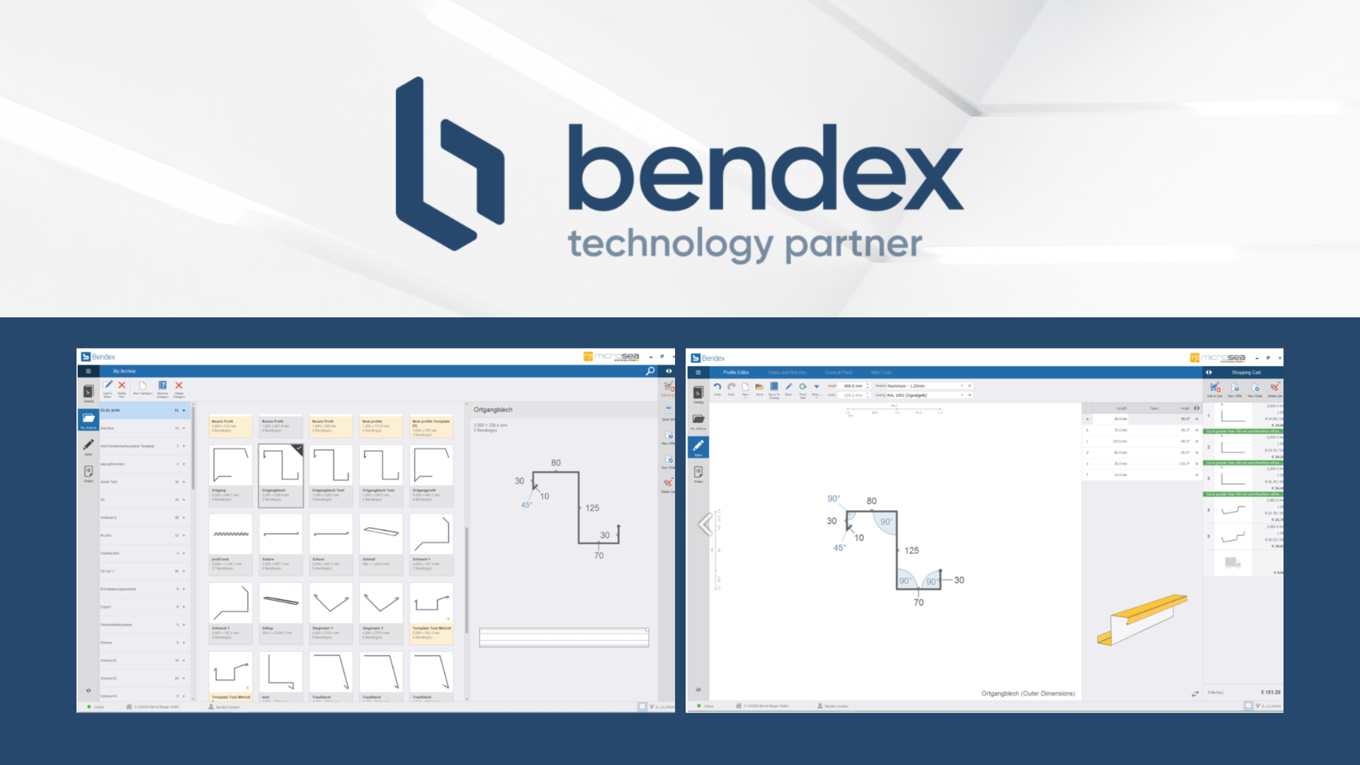 Bendex logo with the text "technology partner" below, and two screenshots of design software showing technical drawings and dimensions of metal profiles.