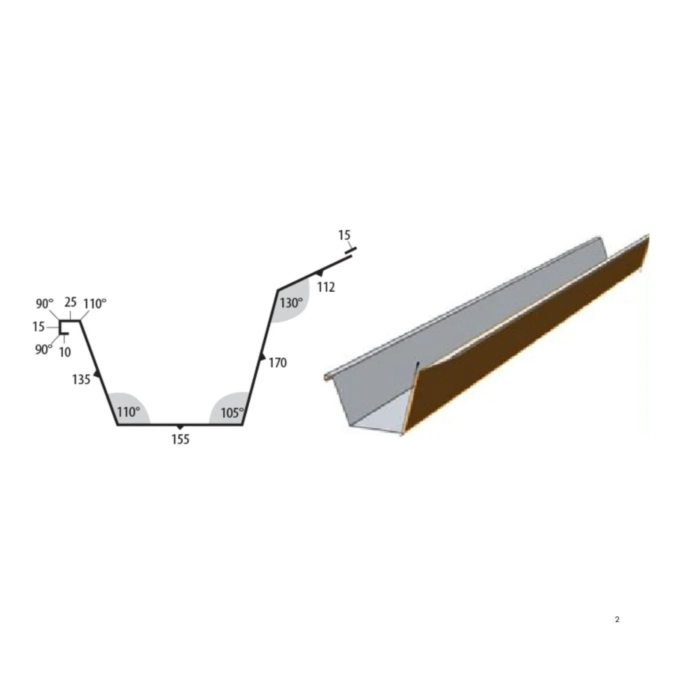 Diagram of a bent metal piece with labeled angles and a 3D perspective of the same metal piece showing its shape.