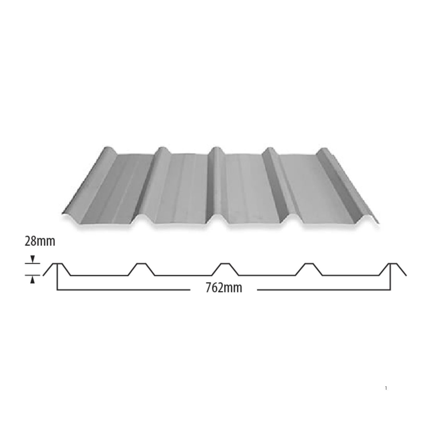 A gray metal corrugated roofing sheet with dimensions labeled as 762mm in width, 28mm in height, and with its profile shown in cross-section.