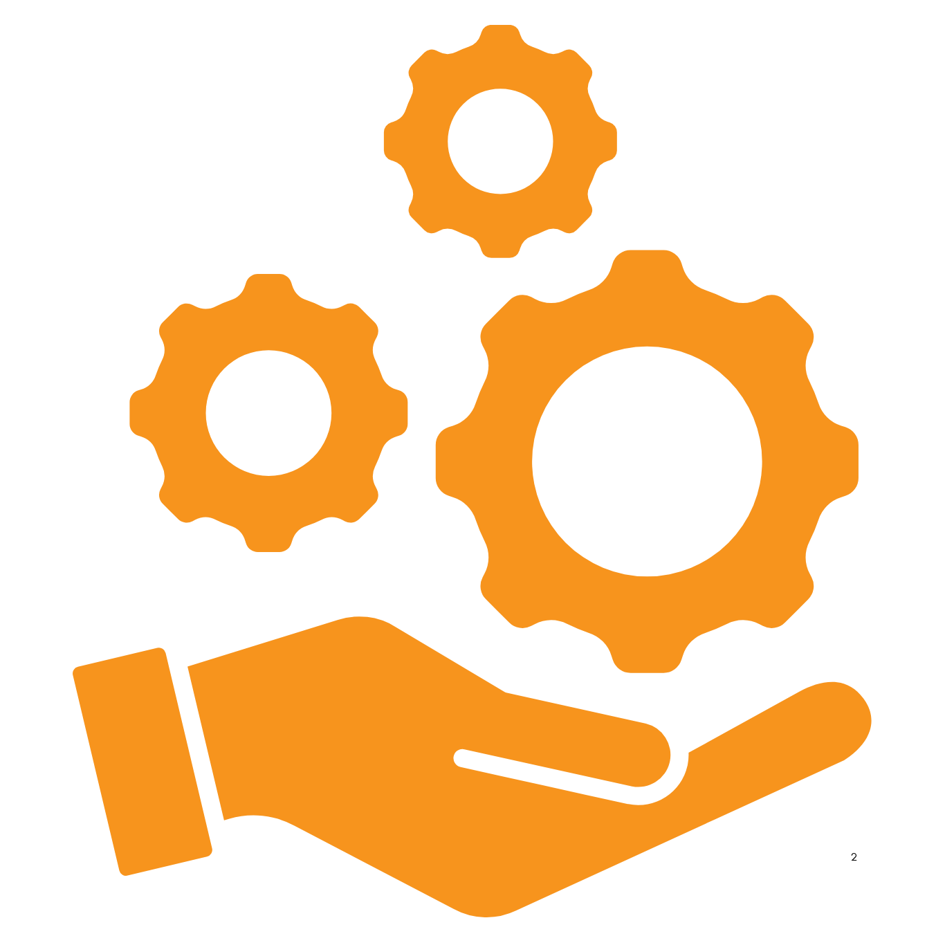Illustration of a hand holding three orange gears of different sizes.
