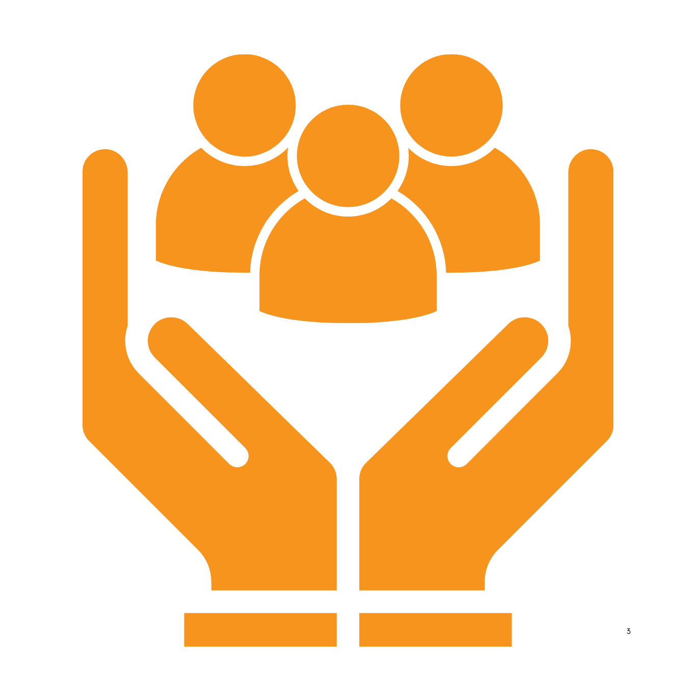 Orange icon of a group of three people inside two hands.